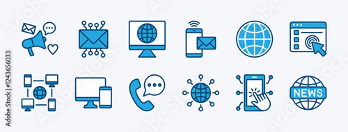 Set of cyberspace icon. Containing social media, electronic mail, website, web page, computer device, communication technology, news, network, blog, newsletter. Vector illustration