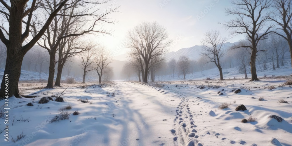 Wide-angle shot of an empty snowy valley with bare trees and frosty branches in the distance, snowy valley, treeless landscape, winter scene, wintry atmosphere, frosty woods Wide-angle shot of an empty snowy valley with bare trees and frosty branches in the distance, snowy valley, treeless landscape, winter scene, wintry atmosphere, frosty woods