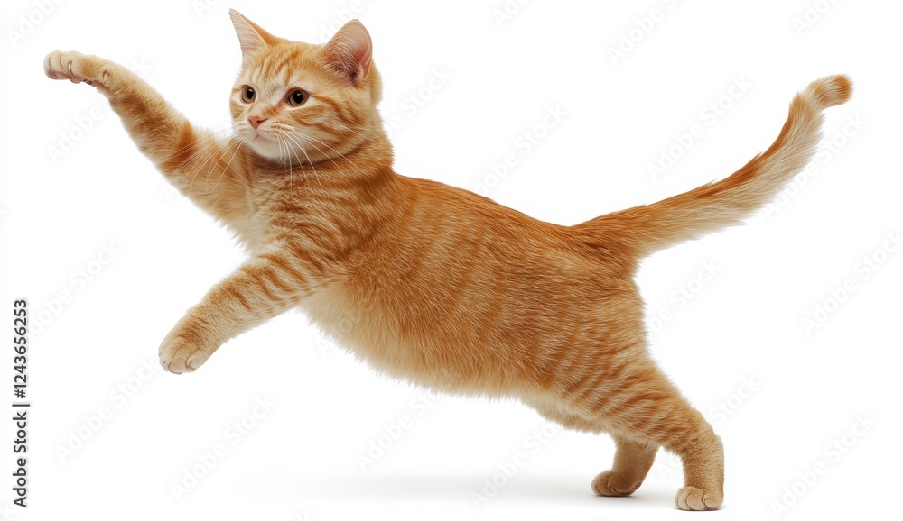 A small, playful kitten with ginger fur leaps in the air, paws outstretched, against a bright white background. A dynamic action shot A small, playful kitten with ginger fur leaps in the air, paws outstretched, against a bright white background. A dynamic action shot