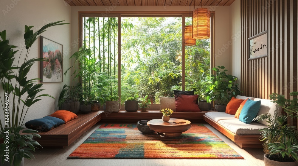 Fototapeta premium Sunlit zen room with low seating, vibrant rug, and abundant plants.