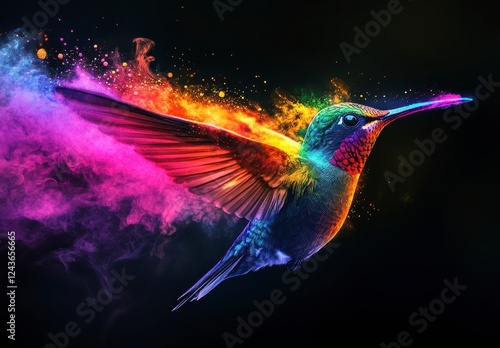 Vibrant hummingbird in flight, rendered in a pixelated style with rainbow colors and a colorful smoke trail against a black background photo