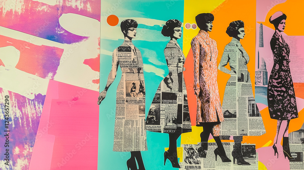Fototapeta premium Retro Fashion Collage: Four Stylish Women in Vibrant Colors