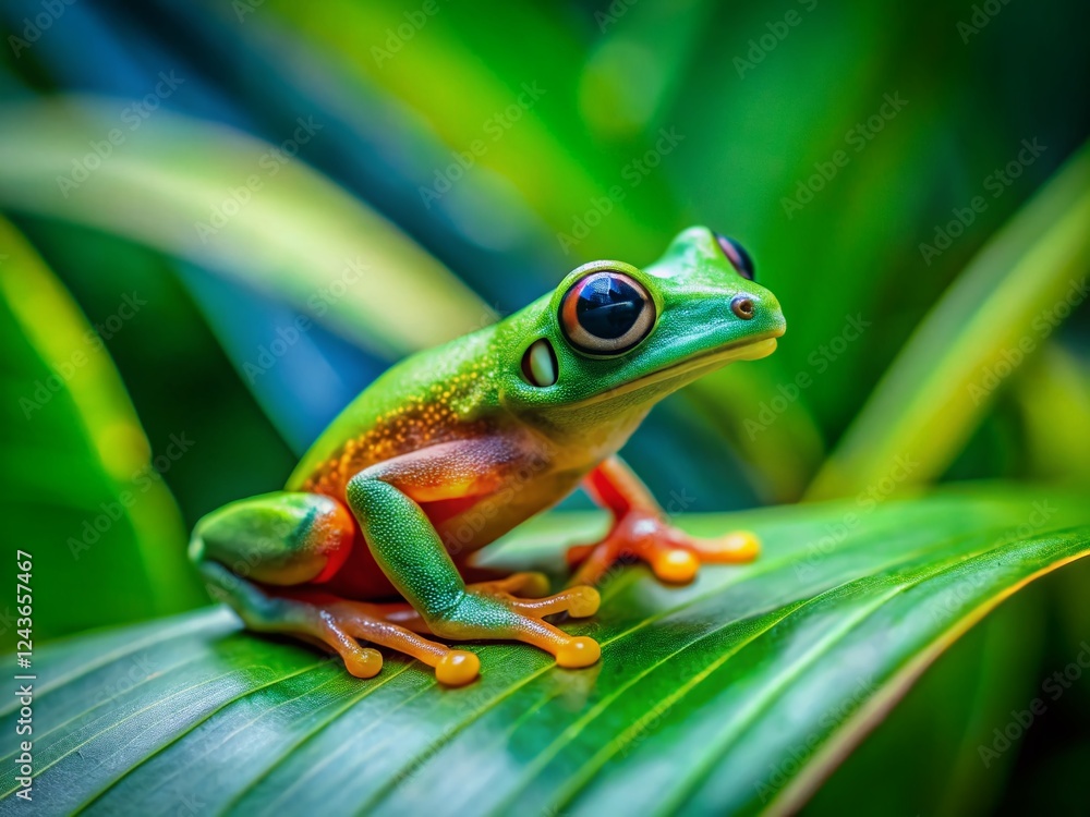Tiny Coqui Frog Camouflaged on Lush Green Leaf - Rainforest Wildlife Stock Photo Tiny Coqui Frog Camouflaged on Lush Green Leaf - Rainforest Wildlife Stock Photo