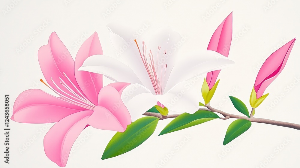 Obraz premium Beautiful Pink and White Flowers on Branch with Buds and Leaves