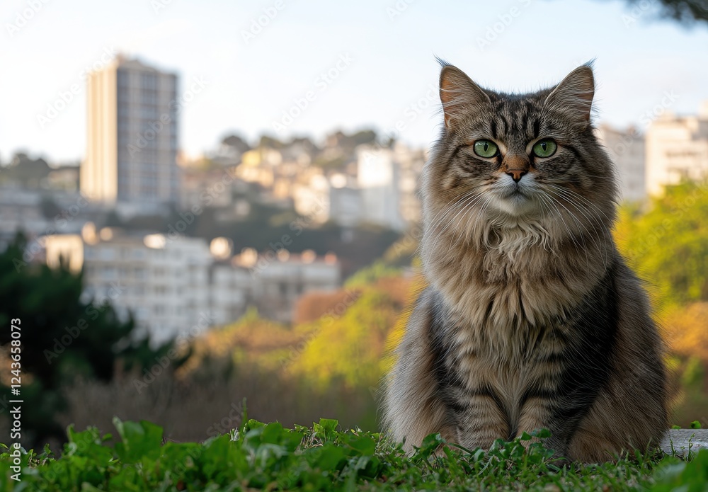 Majestic Siberian Cat with Striking Green Eyes Posed Gracefully in Urban Park Surrounded by Cityscape and Lush Greenery in Soft Morning Light Majestic Siberian Cat with Striking Green Eyes Posed Gracefully in Urban Park Surrounded by Cityscape and Lush Greenery in Soft Morning Light