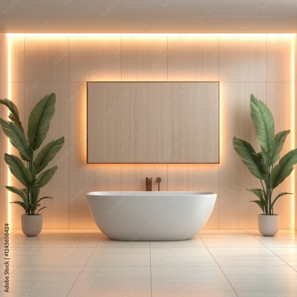 Fototapeta premium Minimalist Bathroom with Tub and Sink Mockup Against Empty Wall
