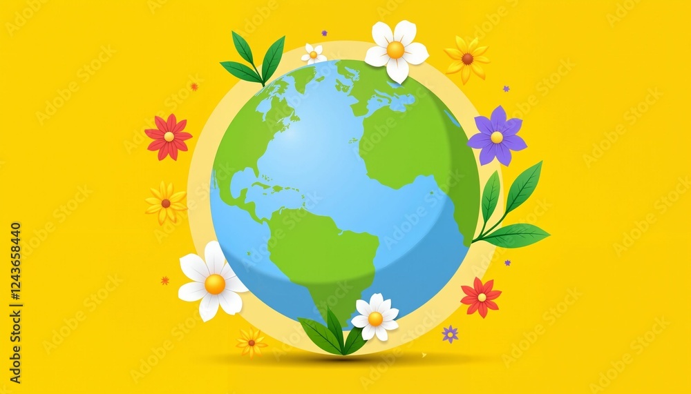 Naklejka premium Colorful earth globe surrounded by flowers on yellow background