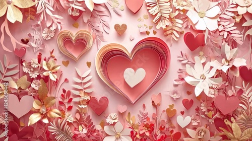 valentine paper cut heart festive flower art design. Romantic Hearts and Floral Paper Art for Valentine's Day Backdrop and Wallpaper Design in Pink Tones.