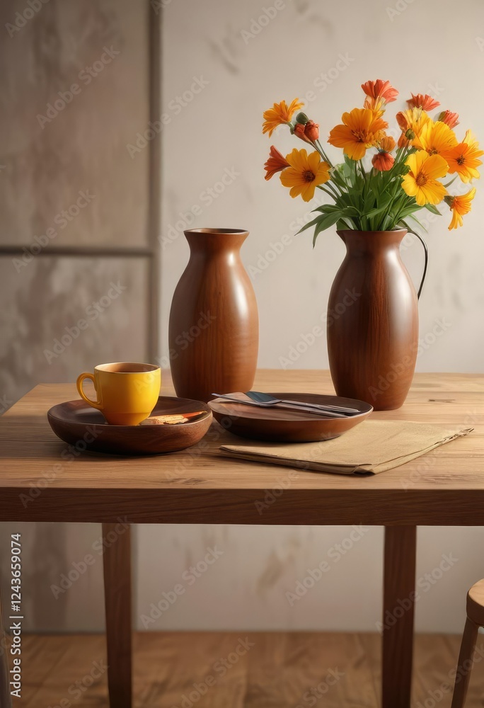Wooden desk with brown cup, plate, and vase as centerpiece, wooden furniture, table setup, home decor Wooden desk with brown cup, plate, and vase as centerpiece, wooden furniture, table setup, home decor