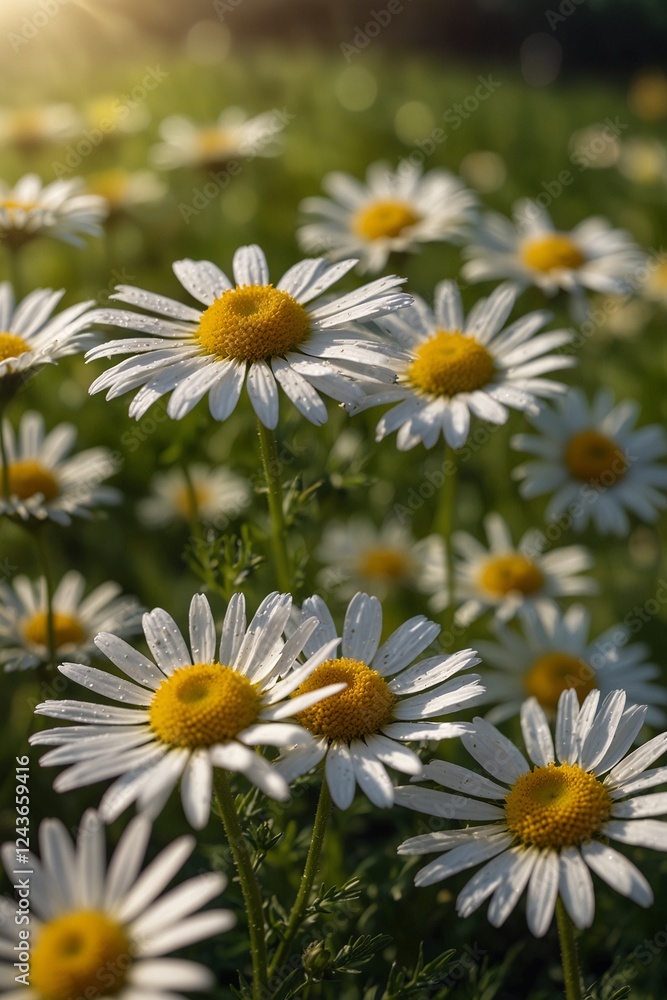Fototapeta premium Field of blooming daisies with bright yellow centers and sunlight shining through 