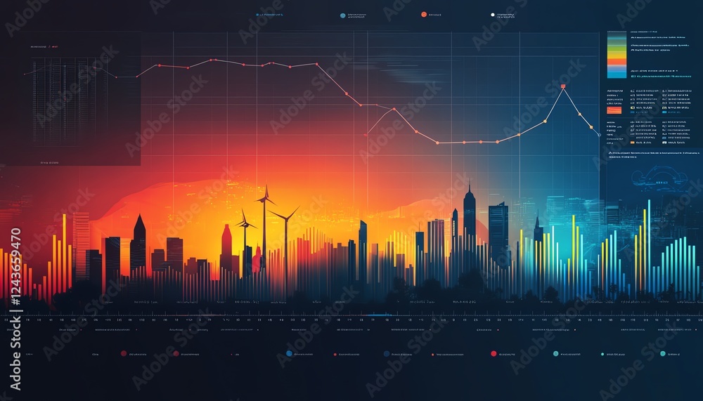 Naklejka premium Dynamic bar graph showing the upward trend in electricity consumption, power usage over time, highlighting the rising demand for energy resources, modern data visualization