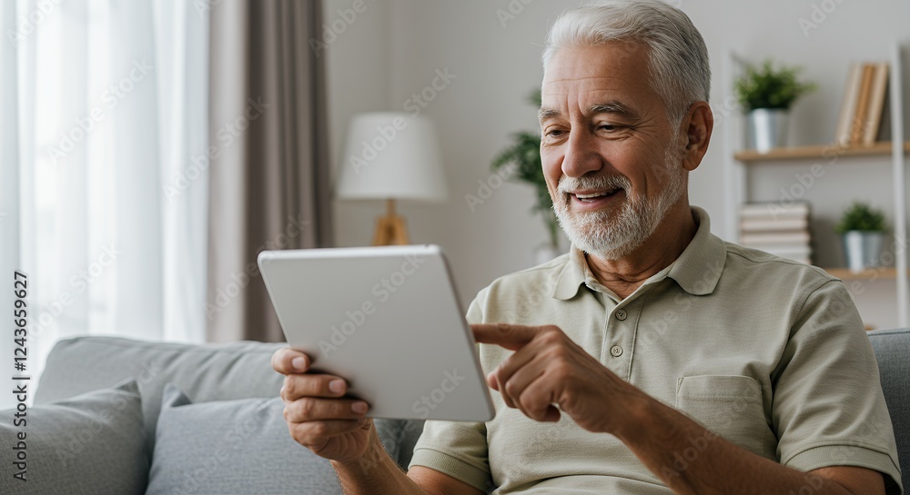 Senior man relaxing at home, using tablet. Digital device. Senior man relaxing at home, using tablet. Digital device.