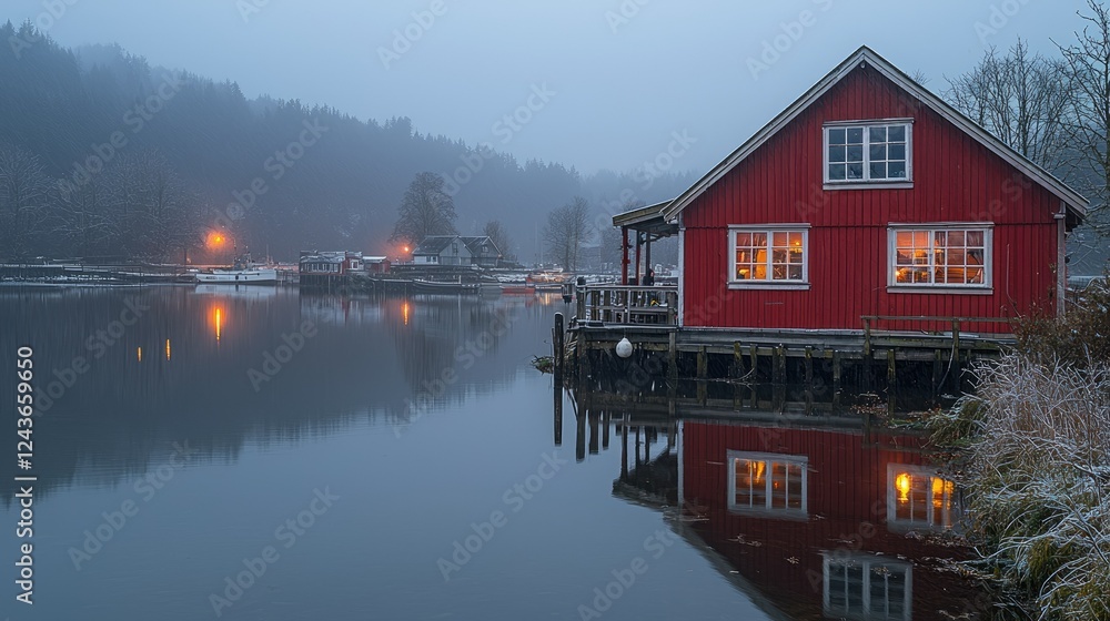 Fototapeta premium Red house on waterfront winter scene foggy morning