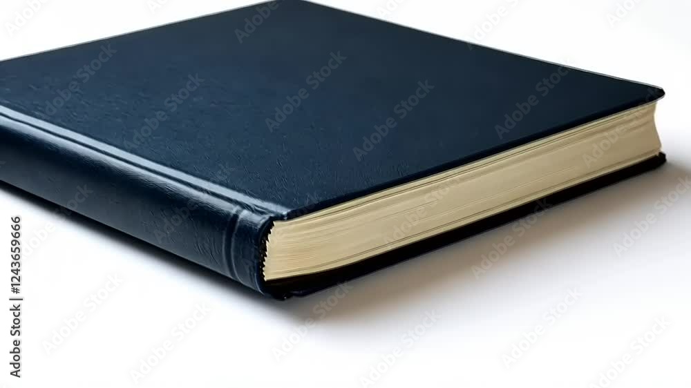 Closed navy blue hardcover book with cream-colored pages on white background. Closed navy blue hardcover book with cream-colored pages on white background.