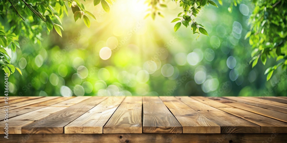Wooden Table in a Sunlit Green Garden Setting Wooden Table in a Sunlit Green Garden Setting