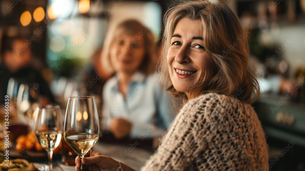 Smiling woman enjoying wine in a cozy indoor setting. Smiling woman enjoying wine in a cozy indoor setting.