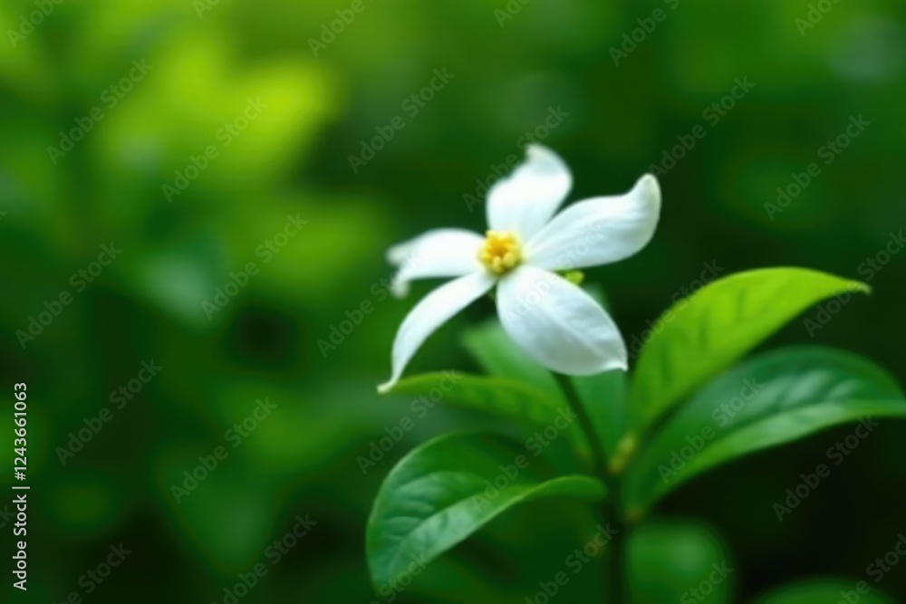 Green foliage surrounding a single white jasmine in full bloom, garden, stem, jasmine Green foliage surrounding a single white jasmine in full bloom, garden, stem, jasmine