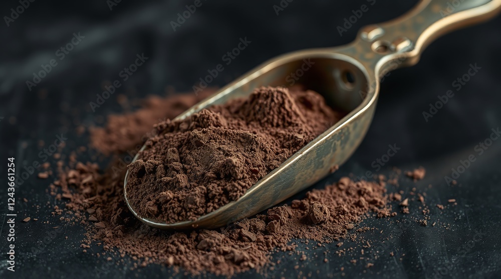 A cast bronze scoop of chocolate protein powder, exhibiting an eerie patina A cast bronze scoop of chocolate protein powder, exhibiting an eerie patina