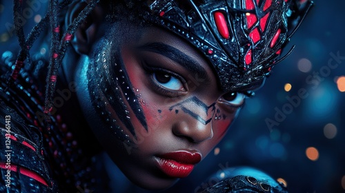 Mechanical Headgear Afrofuturistic Warrior with Bold Red Lips on High Contrast Background photo