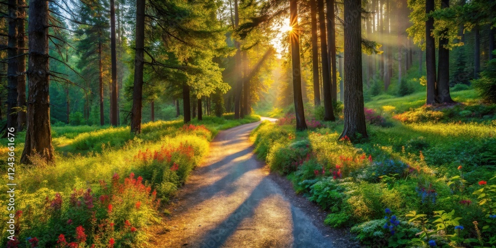 Sunlit Path Through a Vibrant Forest Meadow at Dawn Sunlit Path Through a Vibrant Forest Meadow at Dawn
