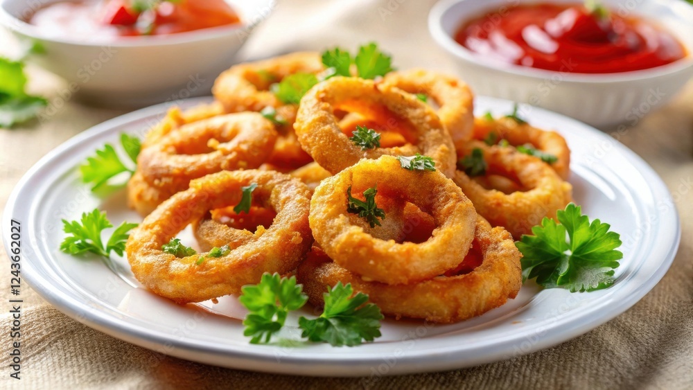 Golden Fried Onion Rings with Fresh Parsley and Dipping Sauce Golden Fried Onion Rings with Fresh Parsley and Dipping Sauce