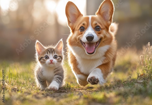 Playful Corgi and Adorable Kitten Running Together in a Sunny Meadow, Capturing Joy and Friendship in a Heartwarming Animal Moment