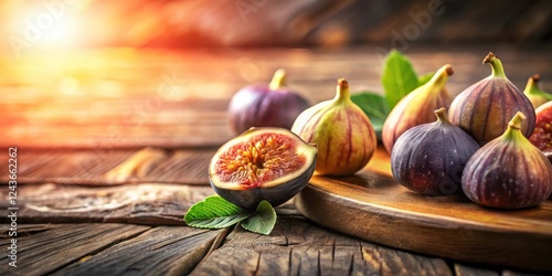 Ripe Figs on Rustic Wooden Board, Warm Sunset Light