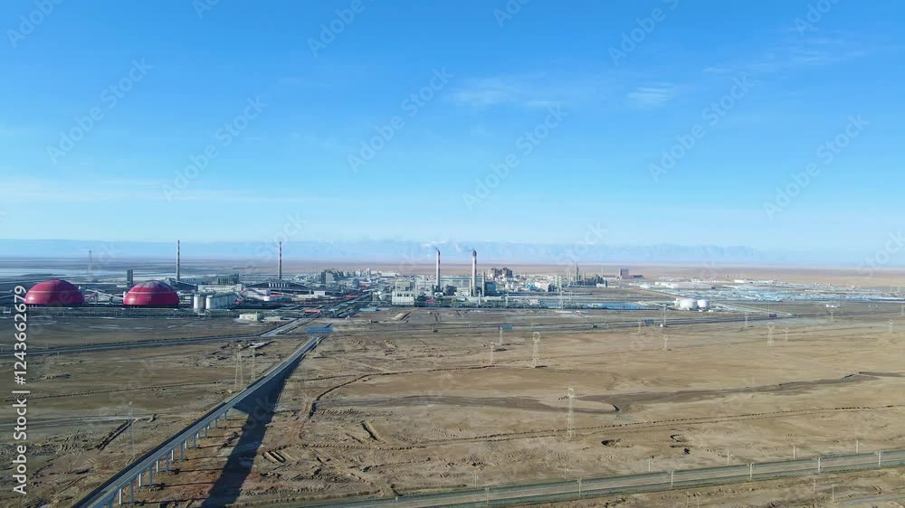 4k aerial video of industrial complex in arid landscape with clear sky and distant mountains 4k aerial video of industrial complex in arid landscape with clear sky and distant mountains