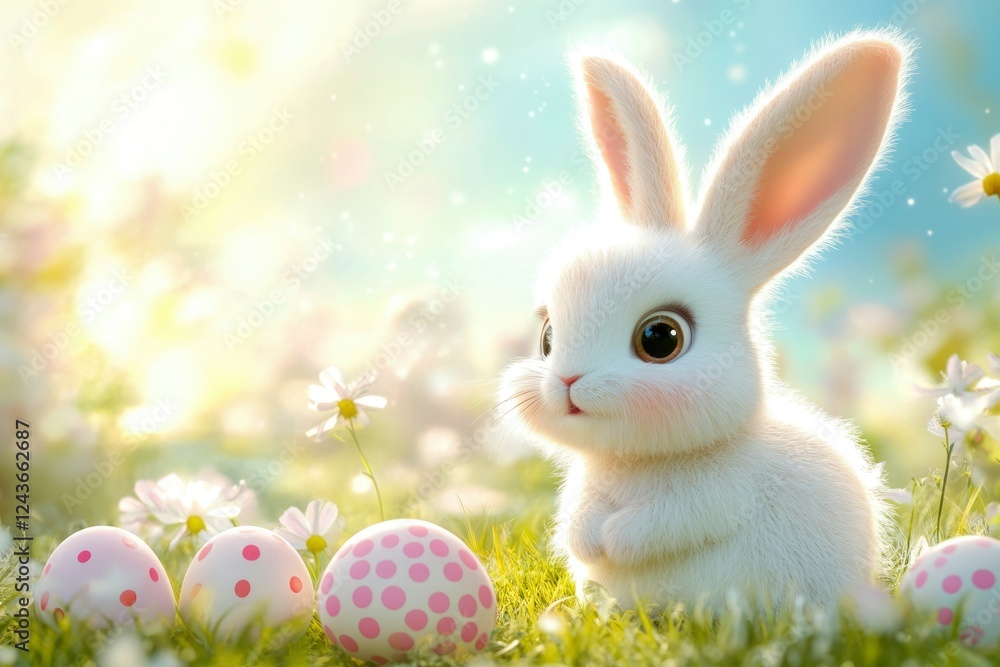 Fototapeta premium Adorable Easter Bunny Amidst Spring Flowers and Eggs