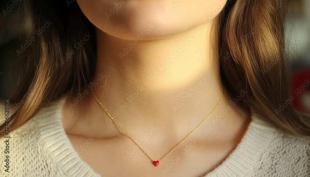 Woman Wearing Delicate Gold Necklace With Red Heart Pendant Woman Wearing Delicate Gold Necklace With Red Heart Pendant