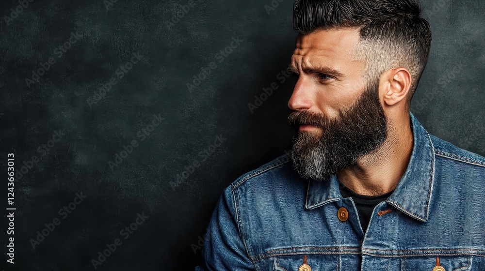 Stylish Man with Beard and Denim Jacket Posing Against Dark Background Stylish Man with Beard and Denim Jacket Posing Against Dark Background