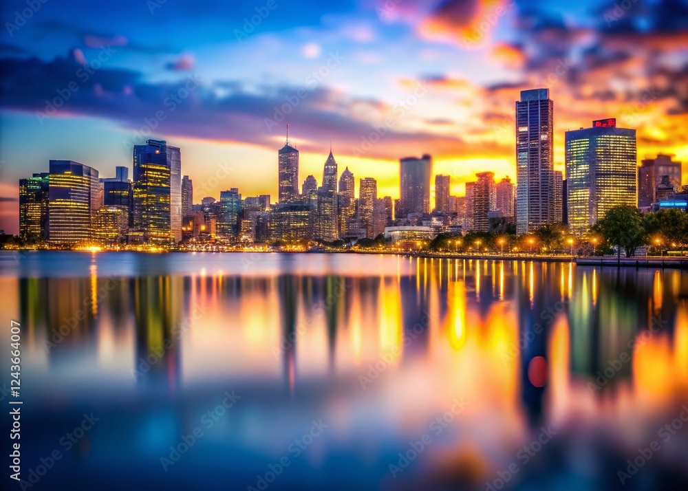 Fototapeta premium Vibrant City Skyline Dusk Reflection Tilt-Shift Photography
