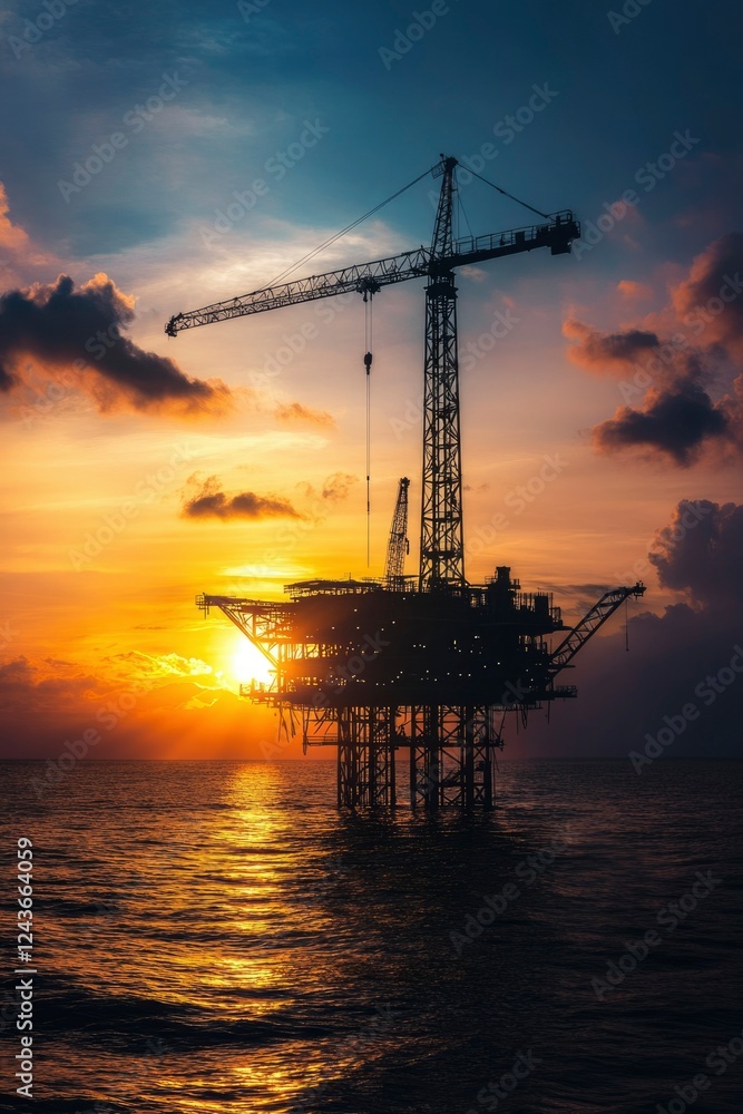Obraz premium Offshore Oil Rig Silhouette at Sunset Over Water