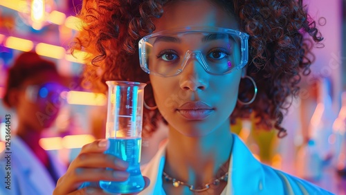 Confident Young Woman Scientist Holding Beaker with Blue Liquid: Modern Laboratory with Lab Coat and Safety Goggles