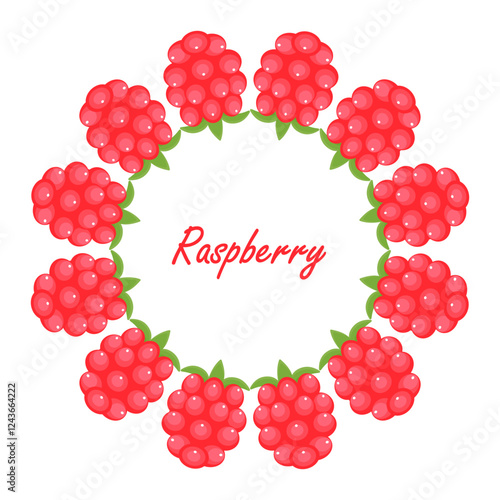 Raspberries round frame isolated on a white background. Red berries with green leaves. Flat style. You can place your text in the center. Frame for text, advertising, label.