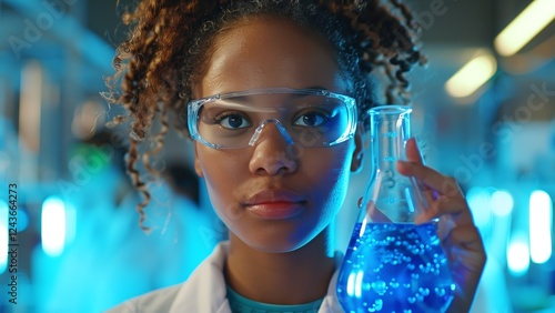 Confident Young Woman Scientist Holding Beaker with Blue Liquid: Modern Laboratory with Lab Coat and Safety Goggles