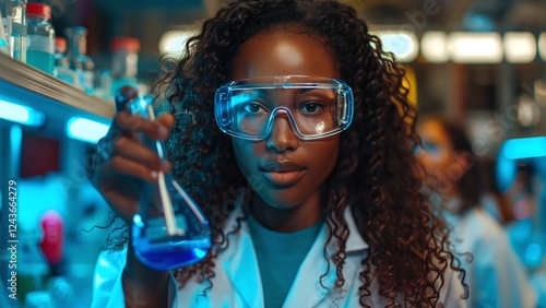 Confident Young Woman Scientist Holding Beaker with Blue Liquid: Modern Laboratory with Lab Coat and Safety Goggles