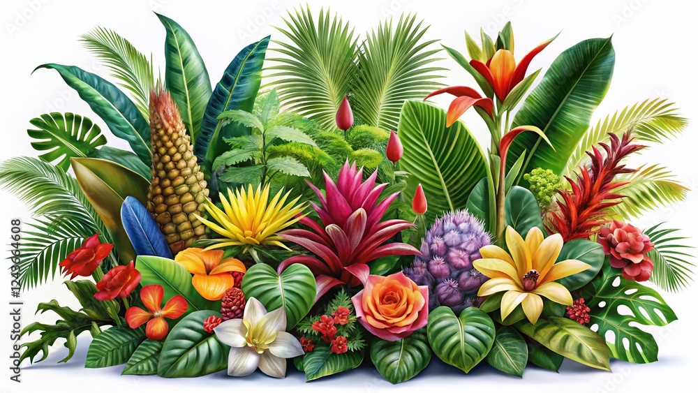 Fototapeta premium Vibrant Exotic Tropical Flowers & Plants Panoramic on White Background - Stock Photo