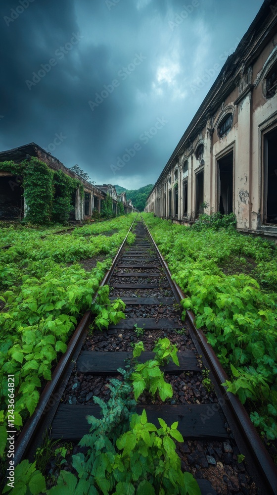 Fototapeta premium Overgrown railway tracks lead through dilapidated ruins under dramatic skies at twilight
