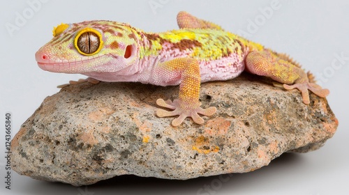 Leopard gecko on rock, studio shot, neutral background, pet reptile photo