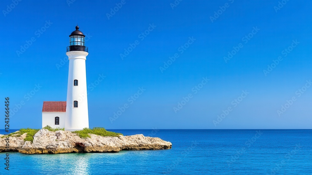 White Lighthouse on Rocky Island in Blue Ocean Under Bright Sunlight White Lighthouse on Rocky Island in Blue Ocean Under Bright Sunlight