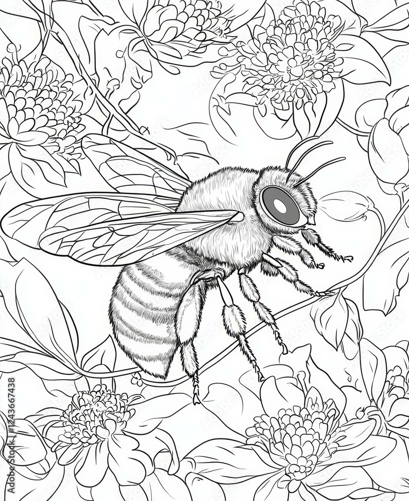 custom made wallpaper toronto digitalBee in a Flower Garden Black and White Detailed Line Art Illustration for Coloring Pages and Projects