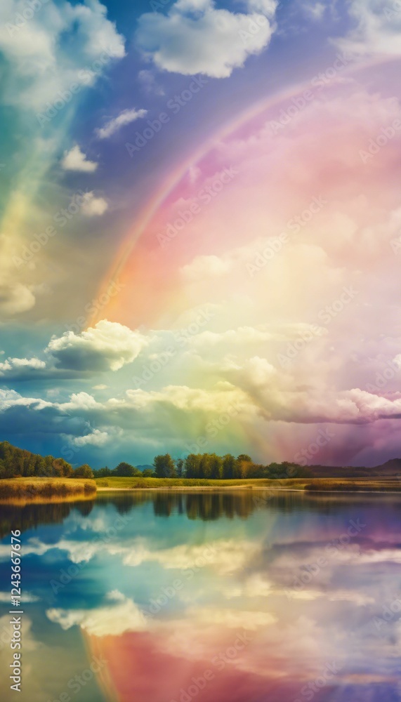 Rainbow over serene lake with reflection. Rainbow over serene lake with reflection.