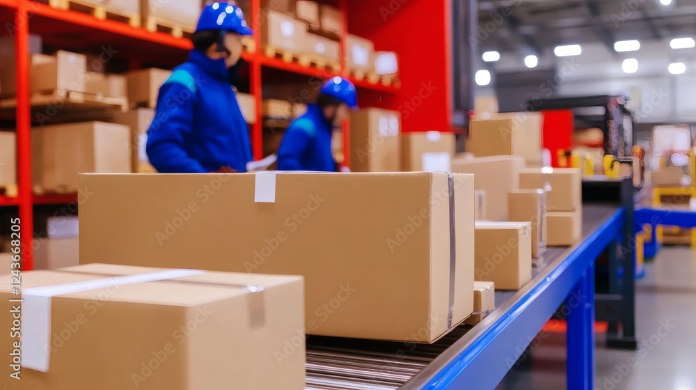 Workers organize and package boxes in a warehouse during the day shift