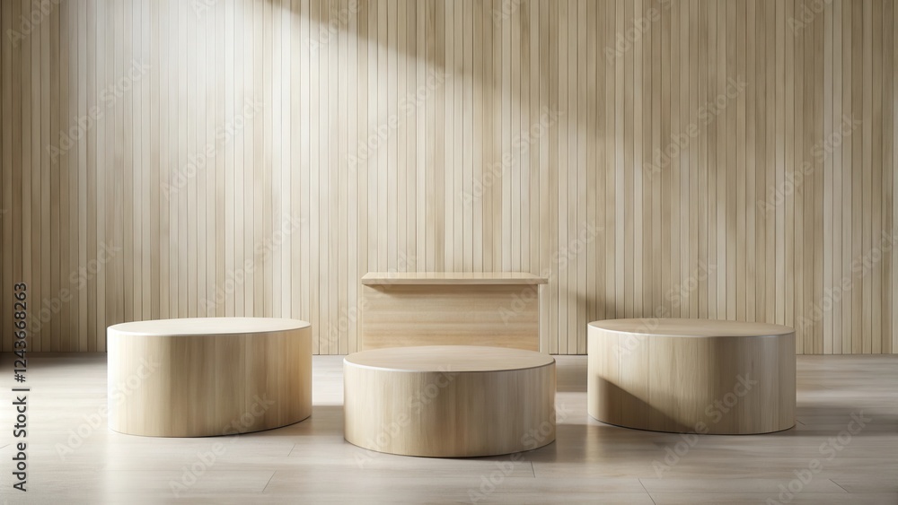 Minimalist Wooden Display Platforms Against Vertical Wood Paneling Minimalist Wooden Display Platforms Against Vertical Wood Paneling
