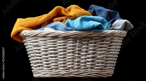 clothes overflowing in a white plastic basket isolated on transparent background