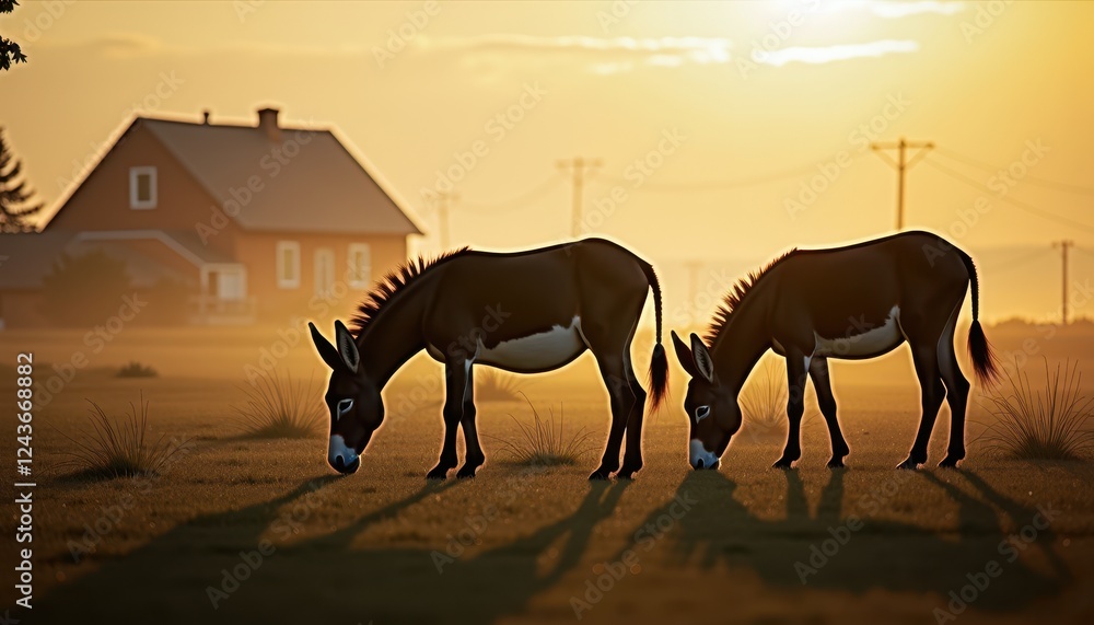 Two donkeys graze in a sunlit field with a house in the background, casting long shadows in the golden light of sunset, creating a serene and picturesque rural scene Two donkeys graze in a sunlit field with a house in the background, casting long shadows in the golden light of sunset, creating a serene and picturesque rural scene