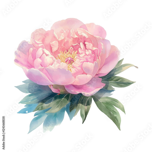 A watercolor painting of a pink flower with green leaves. The flower is the main focus of the painting, and the green leaves surrounding it add a sense of depth and realism to the piece