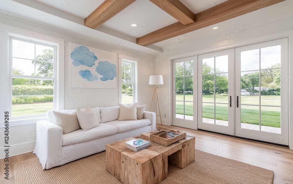 Fototapeta premium Bright and Airy Living Room with Cozy Sofa, Wooden Coffee Table, and Large Windows Overlooking Green Space