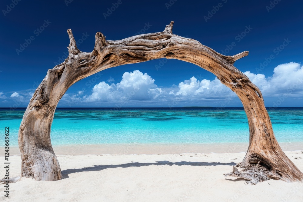 Wooden Arch Framing Tropical Beach and Crystal Clear Ocean View Wooden Arch Framing Tropical Beach and Crystal Clear Ocean View